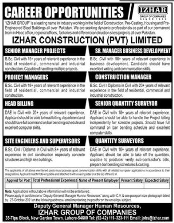 Izhar Construction Jobs in Lahore