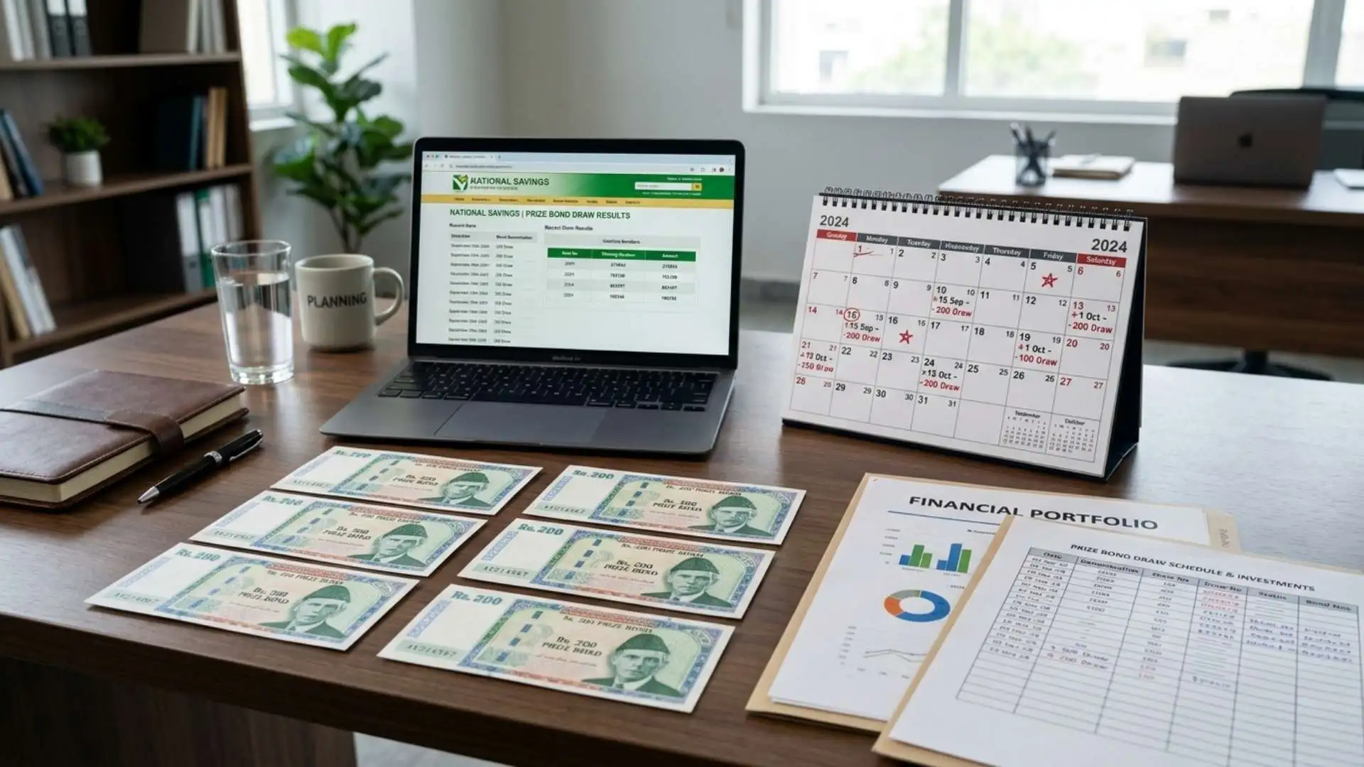 Rs. 200 Prize Bond Draw Schedule 2026 with prize bonds, calendar showing draw dates, financial documents, and online result checking setup in a professional office environment.