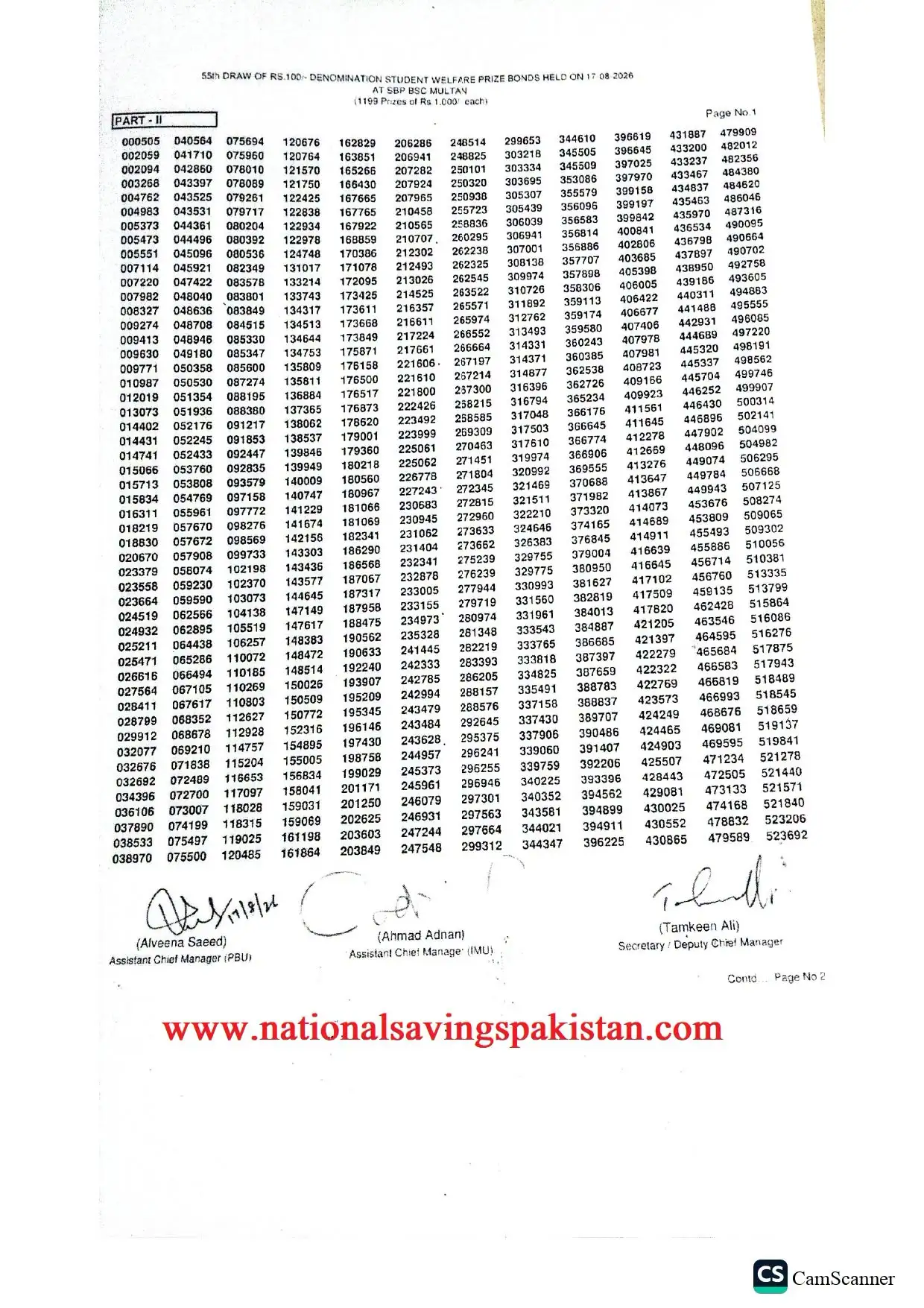 Draw #55 Rs. 100 Prize Bond Result List – 17 August 2026 in Multan