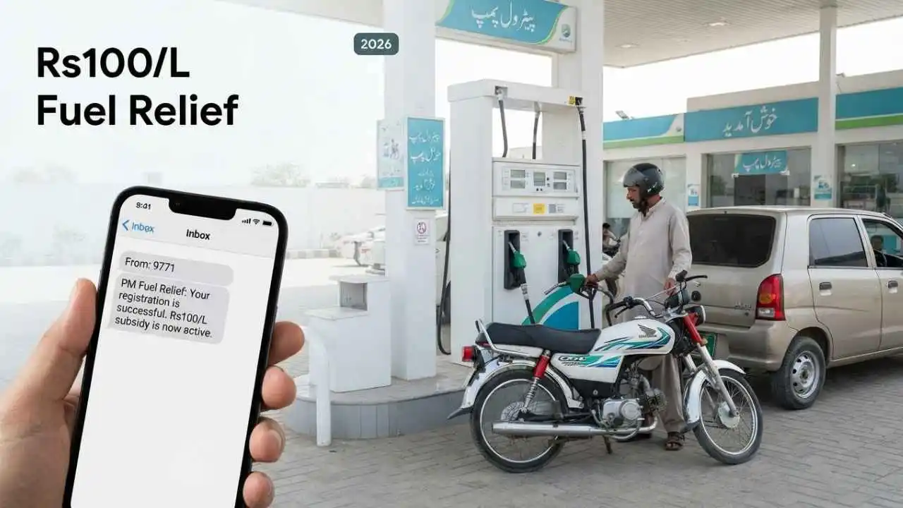 PM Fuel Relief Scheme 2026 showing petrol subsidy registration and Rs100 per litre fuel relief for motorcycles and cars up to 800cc.